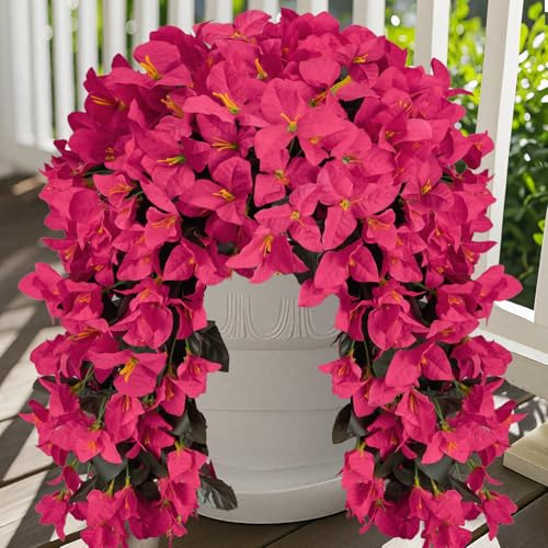 Fezaphy Bougainvillea Artificial Hanging Flowers Plants for Outdoors UV Resistant Faux Trailing Vine Outdoor Hanging Plants for Front Porch, Balcony, Patio, Outdoor Planter (Hot Pink-2PCS)