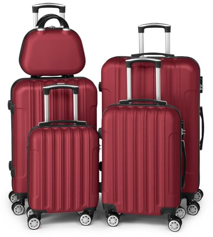 LEADZM Kofferset 5 teilig mit Kosmetikkoffer (Burgunderrot) | Koffer Set Hartschalen-Trolley aus ABS, Reisekoffer Set mit Teleskopgriff, Handgepäck