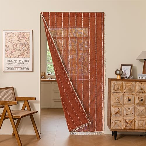 Sutuo Home Boho Sliding Door Curtains for Door Window, Bohemian Linen Tassles Light Filtering Temporary Room Privacy Dividers for Bedroom Living Room, Rod Pocket 1 Panel 37 W x 80 L, Terracotta