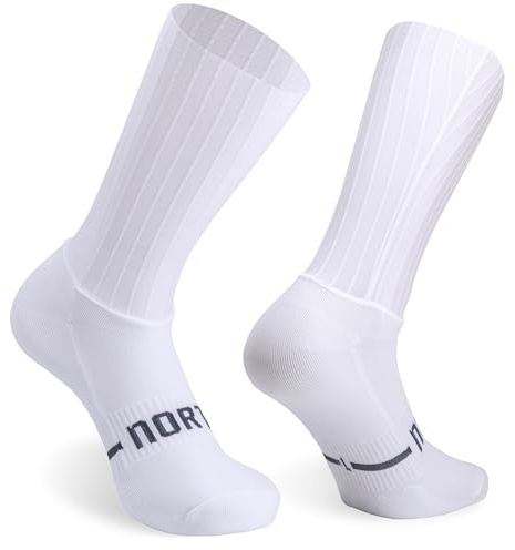 NORTEI Calcetines Ciclismo Aero Blancos, Puño Alto Silicona Compresivo, Transpirables para Hombre y Mujer, Calcetín de Entrenamiento y Competición Carretera (FR/ES, Letras, L, Regular, Regular)