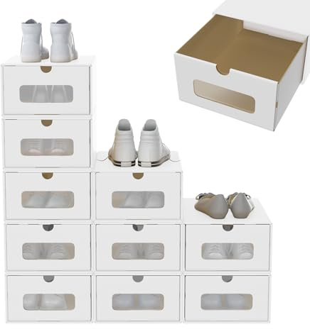 SAILUN Stackable Shoe Storage Boxes, 10 pcs Foldable Kraft Cardboard Shoe Boxes with Lid & Clear Window, Space Saving Shoe Organiser for Trainers, Boots & Heels (White)