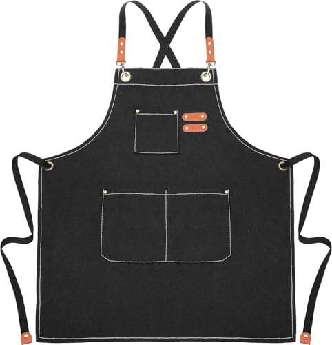 Liutufy Canvas Apron for Men Women Heavy Duty Chef Apron Adjustable | Cross Back Straps 3 Large Pockets Durable for Kitchen Cooking Baking BBQ Artwork Gardening