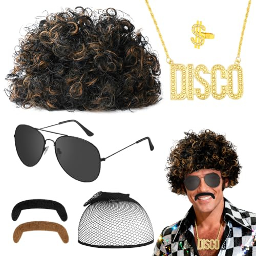 AUYAO Disco Afro Perücke Männer 7PC Perücken mit 80er Perücke Goldketten Sonnenbrillen Ringe Bart Weitere Vintage Accessoires Herren Haare Outfit Disco Rockstar Locken Kostüm Cosplay Halloween Party