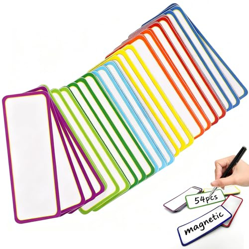 Étiquettes Magnétiques Effaçables - 54 Étiquettes Colorées Inscriptibles 80x30mm, pour Tableaux Blancs, Réfrigérateurs, Cuisine et Bureau (bordures colorées)