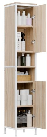 ELUCHANG Armoire de Salle de Bain, Meuble de Rangement, Colonne, avec Porte, Étagères Réglables, Compartiments,30 x 30 x 174 cm,Chêne Clair+Blanc