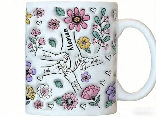 VEELU Mug Personnalisé Prénom - Tasse à Café Personnalisable - Mug Personnalisable Maman - Cadeau Fete des Meres Personnalisé - Cadeau Anniversaire Maman Femme Mamie Mere Tenant Les Mains