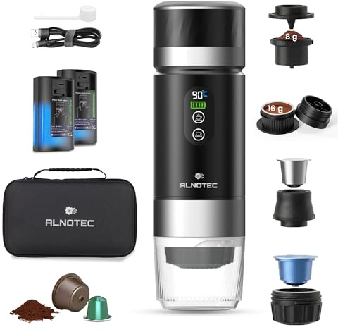 ALNOTEC Machine Expresso Portable 20 Bars Rechargeable Auto Chauffante – Compatible Capsules NES, DG et Café Moulu – 2 Batteries Amovibles – 2 Adaptateurs Café Moulu 8g et 16g – Ecran LED (+ sac)