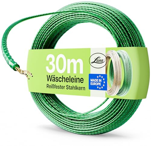 Luna® Wäscheleine 30m Grün mit reißfestem Stahlkern - Made in EU | Reißfeste Stahlkern-Technologie - Dehnungsfrei & Witterungsbeständig - Inklusive Spanner - Ideal für Garten & Camping