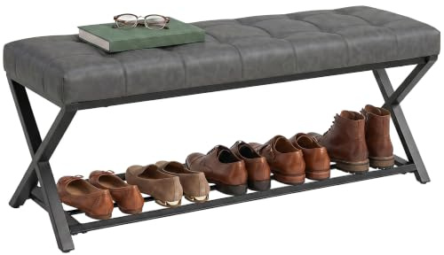 HOMCOM 112 cm Schuhbank mit Sitzfläche, Stauraum, Kunstleder, Dunkelgrau | Gepolstertes Schuhregal, Industrielle Sitzbank mit Ablage, X-förmiger Stahlrahmen, bis 220kg, für Flur Eingangsbereich