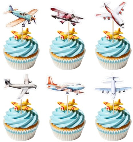 24 Pcs Airplane Cupcake Toppers Aircraft Plane Birthday Cake Topper Decorations Cupcake Picks for Aviation Fighter Theme Pilot Birthday Baby Shower Party Decorations Supplies