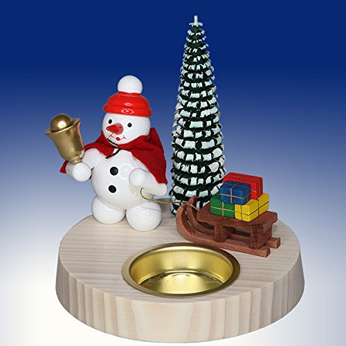 Rudolphs Schatzkiste Weihnachtsdekoration Kerzenhalter Schneemann mit Schlitten und Teelicht Höhe 10cm NEU Tischdekoration Tischleuchter Leuchter Weihnachten Kerze Lichter Figur Seiffen Erzgebirge
