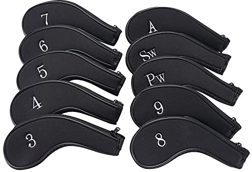 Neoprene Zipper Golf Club Iron Head Covers, 10pcs/Set, Black & Black
