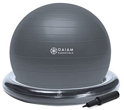 Gaiam Essentials Balance Ball & Base Kit, 65 cm Yoga Ball Stuhl, Gymnastikball mit aufblasbarem Ringfuß für Zuhause oder Büro-Schreibtisch, inklusive Luftpumpe