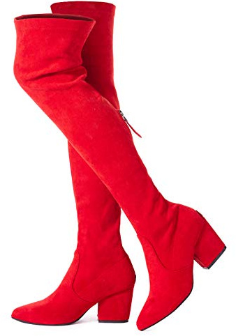 Mtzyoa Oberschenkelhoher Blockabsatz, Damenstiefel, spitzer Zehenbereich, Stretch, Overknee-Stiefel, Rot/7,6 cm Absatz, 40.5 EU