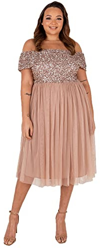 Maya Deluxe Damen Maya Deluxe Women's Bardot Dresses for Women Midi High Empire Waist Sequins Embellished Formal Eveni Bridesmaid Dress, Taupe Blush, 36 EU