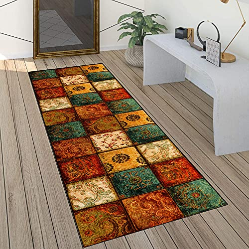 QQrunner Teppich läufer Flur Boho Bunter rutschfest 60x250cm Küchenteppich Vintage Waschbar Meterware Schlafzimmer Korridor Teppich Lang, Länge Anpassbare, 60/70/ 80/90/ 100/ 120cm Breit