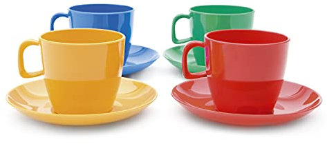 Harfield Rainbow Multicoloured Tea Cups & Saucers 8 Piece Set Virtually Unbreakable Reusable Polycarbonate x4 Tea Cups x4 Saucers