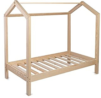 Kinderbett Bett Hausbett 70x160 mit Rausfallschutz Lattenrost Bettgestell aus Kiefer Holz für Haus Kinder Jungen & Mädchen - Holzbett Baby Kinderzimmer Junge Deko (Rausfallschutz: KEIN)
