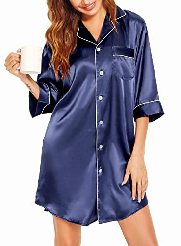 Vlazom Women's Silk Nightshirt Button Down Satin 3/4 Sleeve Nightgwon Boyfriend Sleepshirt Notch Collar Sexy Nightdress Dark Blue,L