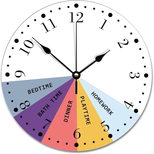 ArogGeld Daily Schedule Colors Wall Clock 10 inch Nursery Kids Room Clocks Silent Round Wooden Battery Operated Decorative Hanging Clock for Home Decor Wedding Birthday Housewarming Gift