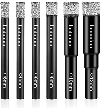 Tykovon Diamond Drill Bits - 6 Pcs Set, 6mm-12mm, for Granite, Marble, Tile, Glass & Hard Materials, Round Shank, Dry Drill Bits