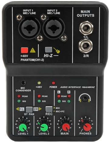 Fockety Audio Mixer, 2 Kanäle USB Portable Live Soundkarte Soundboard Konsolensystem mit 48V Phantomspeisung, 16 BIT 48KHZ DJ Mixer, für Musikaufnahme Karaoke Streaming Gaming