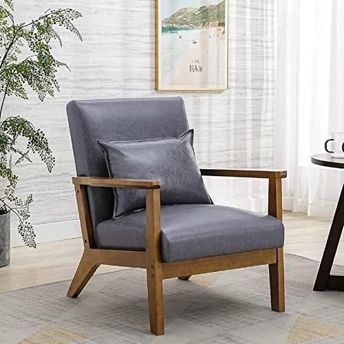 HomeMiYN Sessel Wohnzimmer Massivholz Sessel Retro Vintage Lesestuhl PU Leder gepolsterter Akzentstuhl mit Lendenkissen mittelalterlicher Holzsessel Eiche Natur für Hotel Schlafzimmer Balkon Grau