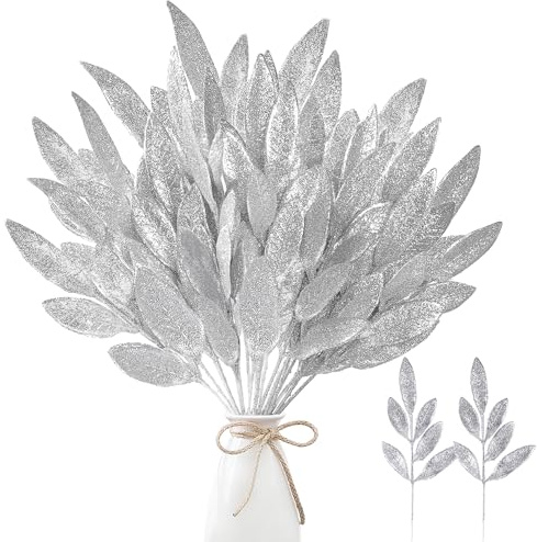 Sggvecsy 40 Pieces Artificial Glitter Leaf Silver Glittered Spray Picks 13’’ Fake Floral Leaf Branches Xmas Decoration for Christmas Tree DIY Wreath Crafts Gift Home Decoration(Silver,40 Pieces)