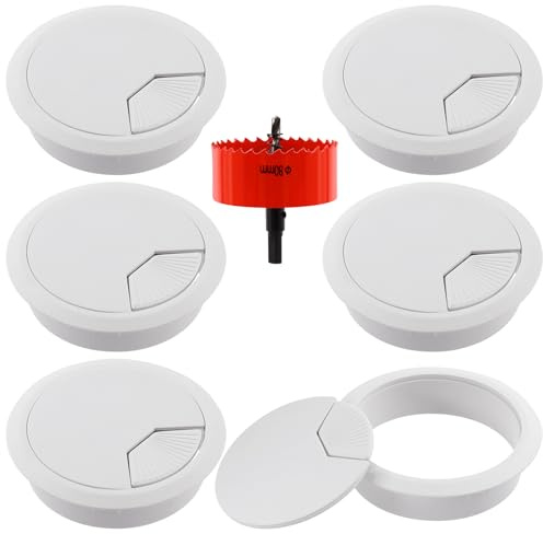 Glarks 6Pcs White Desk Grommet 3-1/6inch Desk Adjustable Cable Hole Covers with 1Pc Hole Saw, Table Wire Cable Ring Hole Cover for Office and Home Table Cable