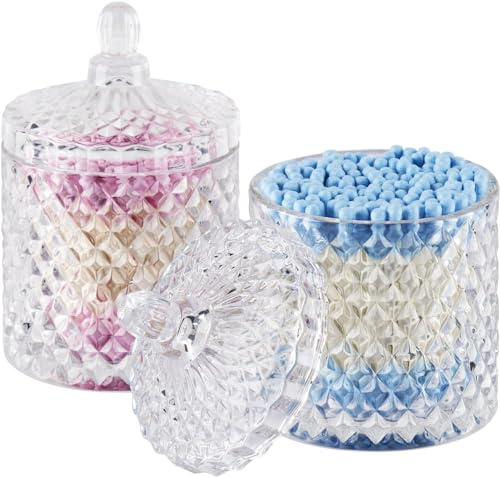 ALAMHI Qtip Halter Glas Apotheker Gläser mit Deckel Badezimmer Zubehör Eitelkeit Veranstalter und Make-up Lagerung für Wattestäbchen, Ball, Make-up Schwämme, Badesalz, Kanister Spender, 2 Pack