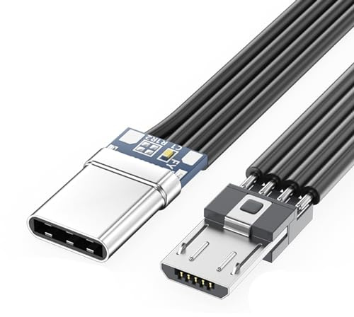 Psdndeww USBC Cable Thin Ribbon FPC Cable USB TypeC 90 Degree Angled Up to MicroUSB Cable for Data and Charging TypeC to MicroUSB Adapters, 30cm, straight head