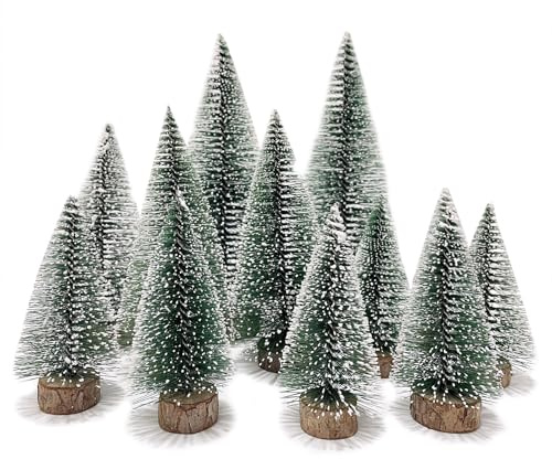 Cosmpeak 12 stycken mini grön julgran med snöeffekt, miniatyr, litet bord, julgran, julgran, konstgjord miniatyr, julgran, julgran för bord, gör-det-själv, skyltfönster