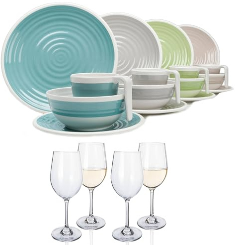 Melamin Camping Geschirr Set 1-4 Personen Harmonie 4-32 Teilig + Gläser Wassergläser Weingläser Champagner-Gläser Flûtes Tafelgeschirr Picknick BBQ Kochgeschirr