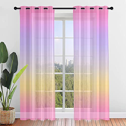 Lukery Vorhänge mit Ösen, Transparent Vorhänge Wohnzimmer 2er Set, Halbtransparent Gardinen Vorhänge Durchsichtig für Fenster Küche Wohnzimmer Landhaus (132x244cm,Farbverlauf Rosa)