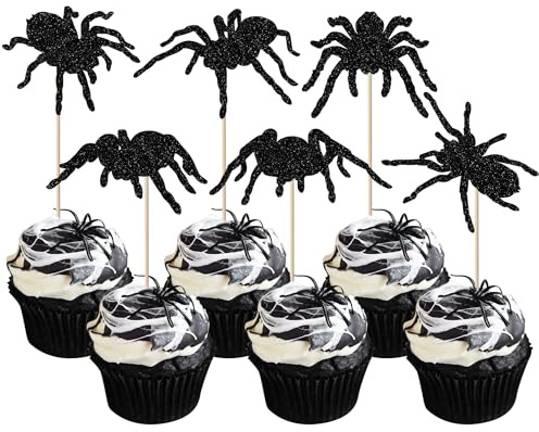 Xsstarmi 24 Pack Spider Cupcake Toppers Glitter Black Spider Cupcake Picks Decorations for Halloween Theme Baby Shower Birthday Party Cake Decorations