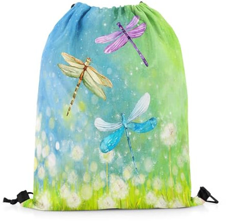 Tunnelzug Gymsack Dandelions Libelle Rustikaler Bauernhof Blau Grün Farbverlauf Kordelzug Sportbeutel Faltbar Gymnastikbeutel wasserdichte Schultertasche, Für Schwimmen, Reisen, 36x42cm