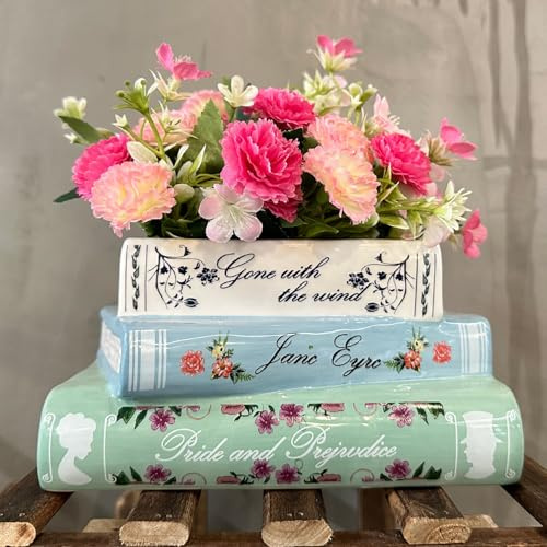 Vovkokc Jarrón decorativo con forma de libro, jarrón de cerámica para libros, bonito jarrón de flores para el hogar, dormitorio, oficina, decoración de títulos clásicos, macetas únicas, regalos para