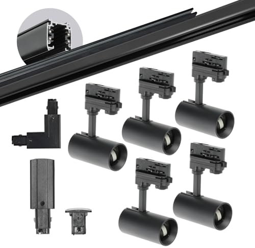 ekobi 3-Phasen-Schienen-Set NEXTRACK - Schienensystem Komplett-Set Schiene 1m+2m, 5x Lampe, L-Steckverbinder rechts schwarz