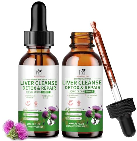 MABEFY Milk Thistle Liquid Drops 2 Pack – Liver Support Supplement with 80% Silymarin, Artichoke Leaf, Dandelion Root & Glutathione – Antioxidant Support – Vegan, Non-GMO, 4 Fl Oz