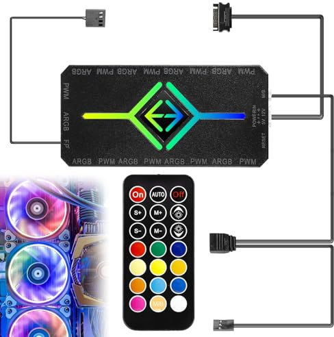2 en 1 ARGB PWM Fan Hub con Controlador - 9 Conectores PWM de 4 Pines y Puertos de 5V de 3 Pines, Carcasa RGB con Base Magnética y SATA Power 18 Puertos, Controlador Inalámbrico con Mando