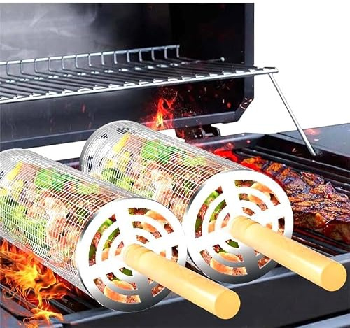 Nistender Roll-Grillkorb, 2-teiliges Set (30 cm x 10 cm), abnehmbarer Holzgriff, 304 Edelstahl, großes Fassungsvermögen, Grillzubehör für Gemüse, Garnelen, Camping, Outdoor-Grillzubehör