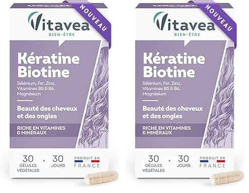 VITAVEA BIEN-ETRE - Kératine Biotine - Complément Alimentaire Soin Cheveux et Ongles - Violet (Vitamine B8), Zinc, Sélénium Vitamines B5 et B6-30 gélules - 1 mois - Fabriqué en France (Lot de 2)
