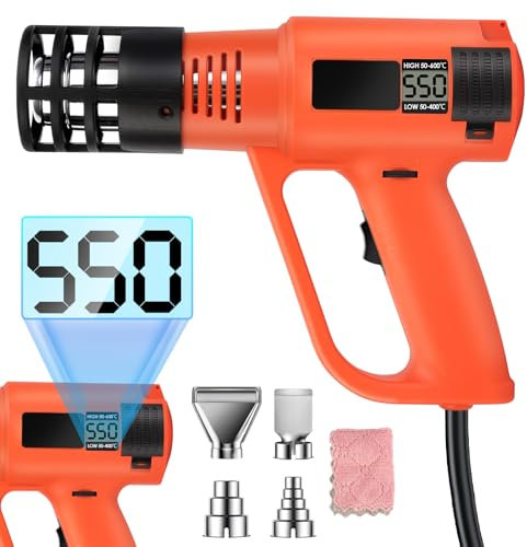 Pfloge® Pistola Termica Professionale 2500W con Display Digitale LCD, 50℃-600℃ Pistola Aria Calda Temperatura e 2 Flussi D'Aria Regolabili, Pistola Ad Aria Calda con 4 Ugelli, Arancione