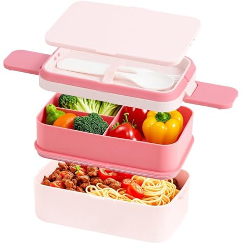 SGAONSN Bento Lunch Box 1960 ml, 2 in 1 impilabili, 2 strati, 4 scomparti, a prova di perdite, portapranzo per adulti e bambini, con scomparti, per scuola, ufficio, campeggio