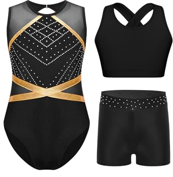 3 Stück Mädchen Turnanzug Ärmellos Gymnastikanzug mit Shorts Sport BH Tops | Strass Glänzend,Stretch,Turnen,Gymnastik,Ballett,Akrobatik,Rhythmische Gymnastik,Eislaufen,Wettbewerb,Tanzkostüm