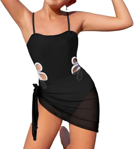 2025 - Maillot de bain fille avec bretelles réglables, maillot de bain pour fille, 1 pièce, col rond, couleur unie, découpé, 1 pièce écharpe en soie maillot de bain 68 filles, Noir , 13-14 ans