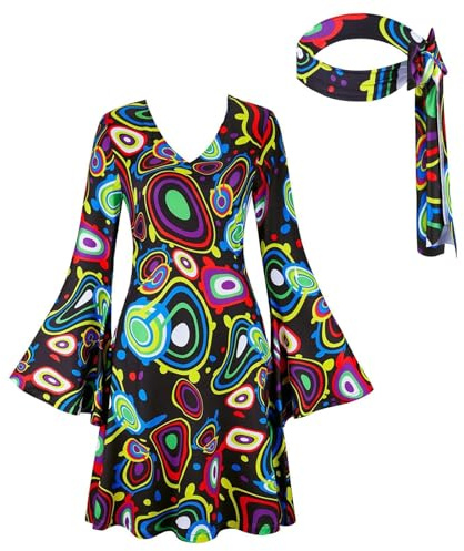 Womens Fashion Floral Dress Vintaged Long Sleeve 60s 70s Disco Hippie 1970 Style Costume Tredny Cowgirl Birthday Prom Bling Evening Party Halloween Mini Dresses with Headband Black