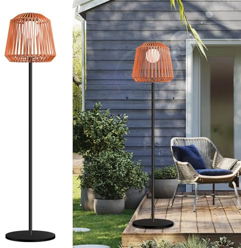 Hwishare Solar Stehlampe Outdoor Rattan, Terrassenlampe Garten, USB & Solar Aufladung, 3 Helligkeitsstufen, IP65 Wasserdicht, Warmweiß LED Stehleuchte für Terrasse Balkon Veranda Wohnzimmer