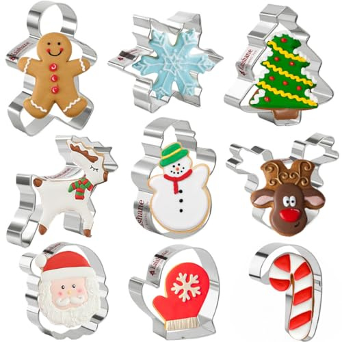 Christmas Cookie Cutters Set of 9 - Star Tree Angel Bell Stocking & More Shapes Stainless Steel