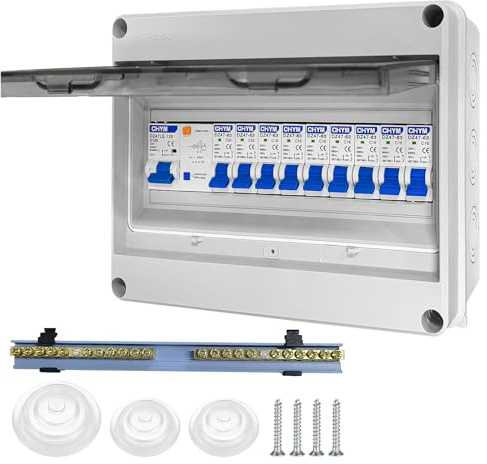 Coffret Electrique Etanche, Tableau Electrique avec Disjoncteur Différentiel, Boîtier de distribution électrique IP65 pour Caravanes/Garages/Ateliers/Villas, Disjoncteur 125A, 7x16A+2x20A